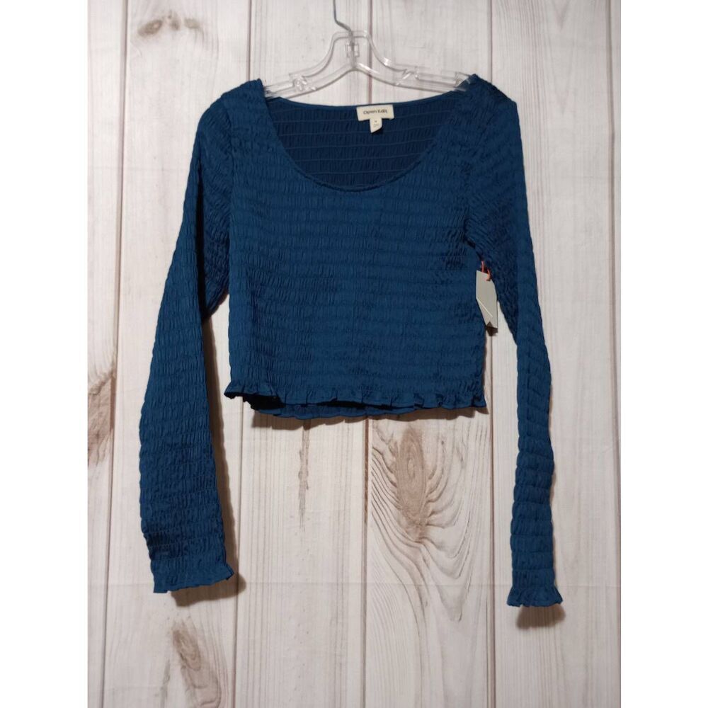 Open Edit Shirt Ladies‎ Medium Blue Crop Top Long Sleeve